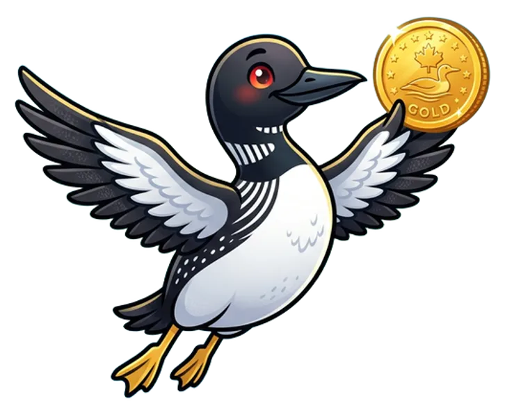 LoonieLeap mascot: a cheerful loon leaping while holding a gold loonie coin