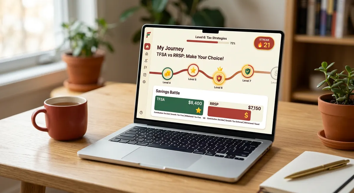 LoonieLeap for Mac on a MacBook, showing a lesson path, streak counter and a TFSA vs RRSP comparison chart